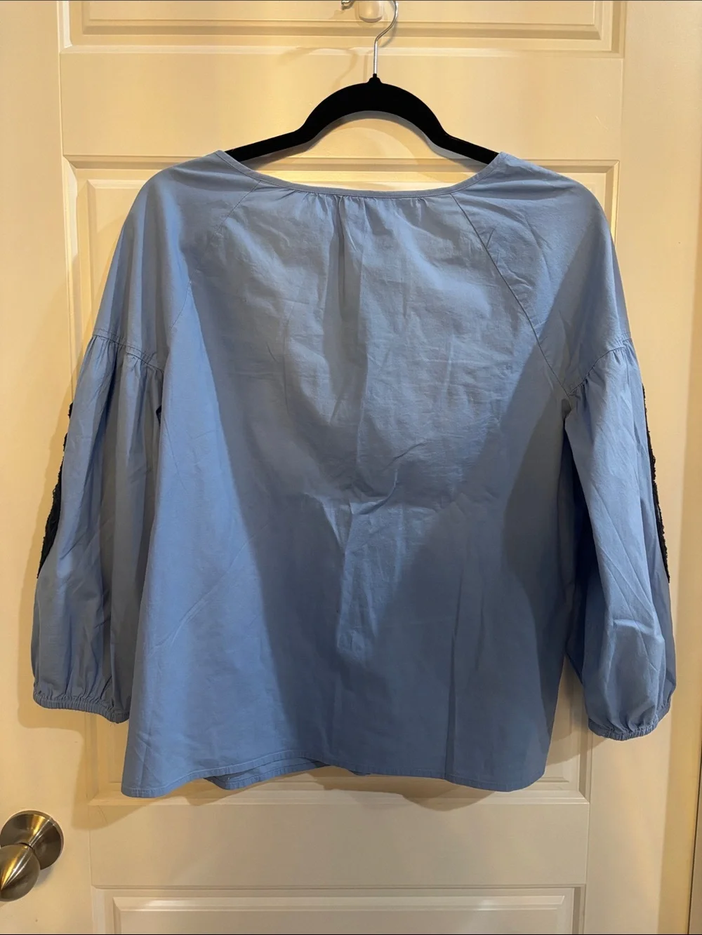 J. Crew Light Blue Peasant Blouse with Navy Embroidery Small